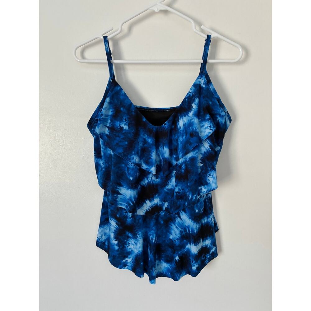 Aqua Green Blue Tie Dye Layered V-Neck Tankini Built In Shelf Bra Size L